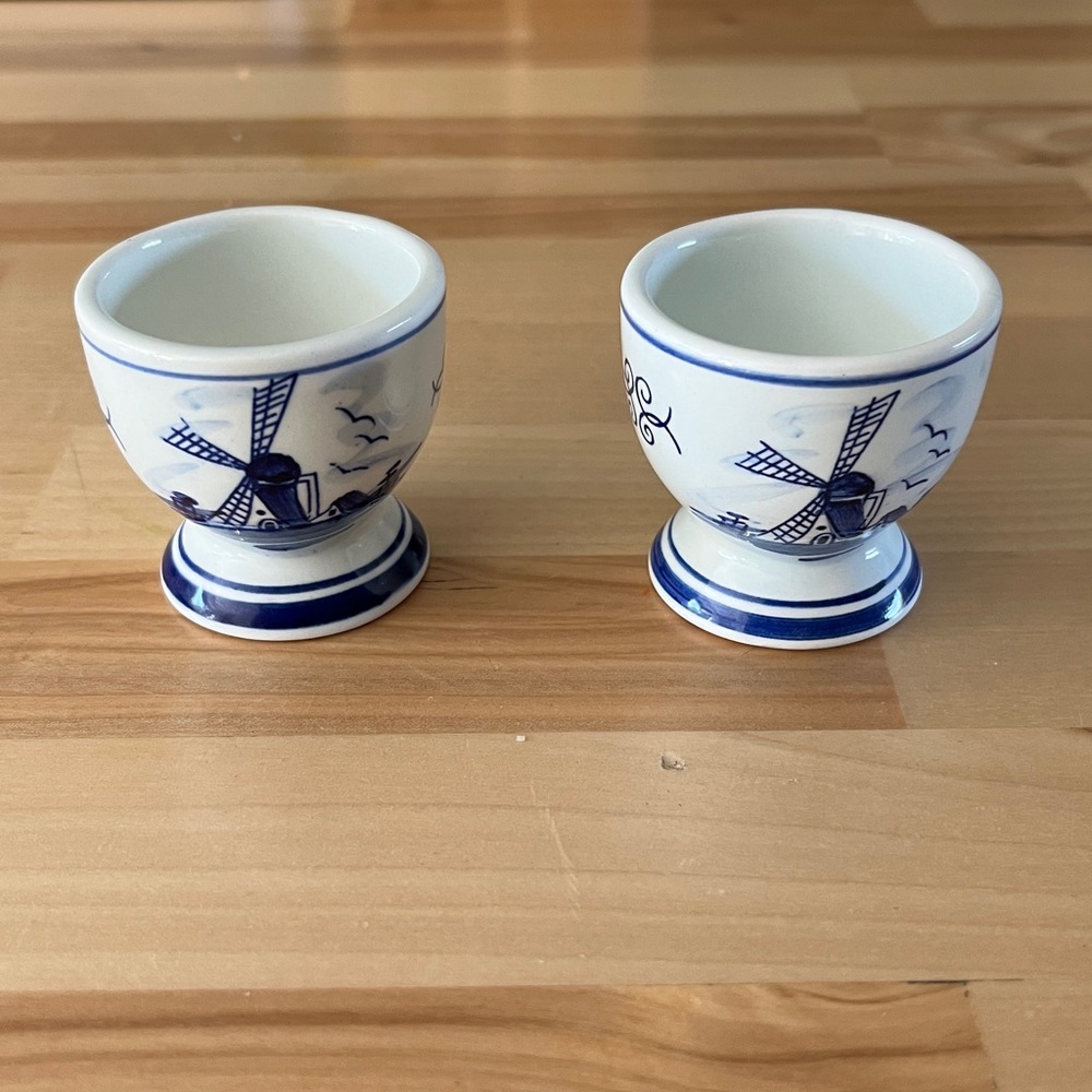 Set Of Two Delft Blue Porcelain Egg Cups Handpainted Windmills & Floral